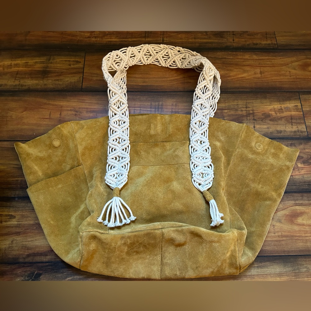 Free People Large Mustard Yellow Suede Tote Bag w/ Braided Woven Straps